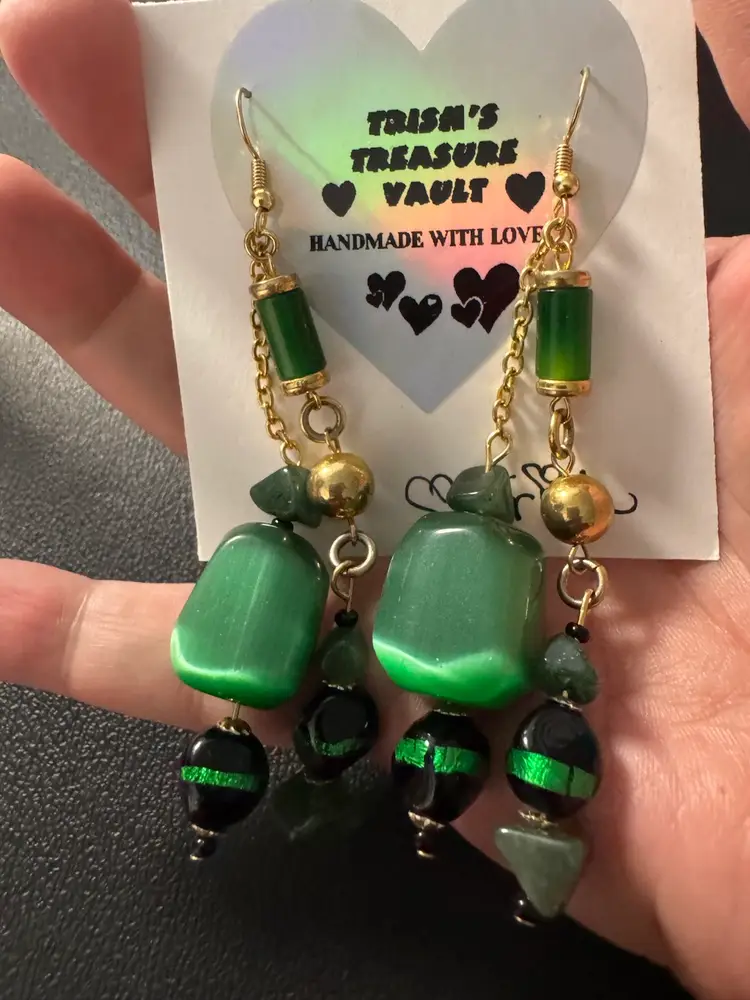 Handmade With Love Green Glass And Stone Gold Tone Earrings