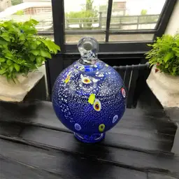 Millefiori Glass Orb Hummingbird Feeder Blue w/ Silver Aventurine. 5 3/4” wide and 4” tall