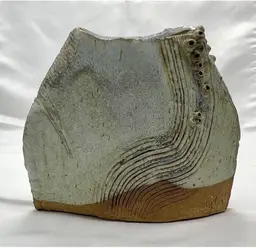 Slab Vase Pottery Signed - Looks Like A Fossil - Gray Brown - Slight Crack