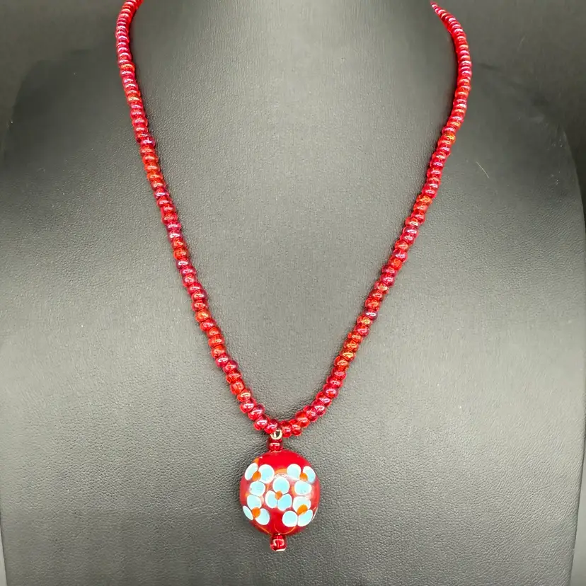 Red And Turquoise Glass Lampwork Heart Pendant Red Glass Bead Necklace 19”