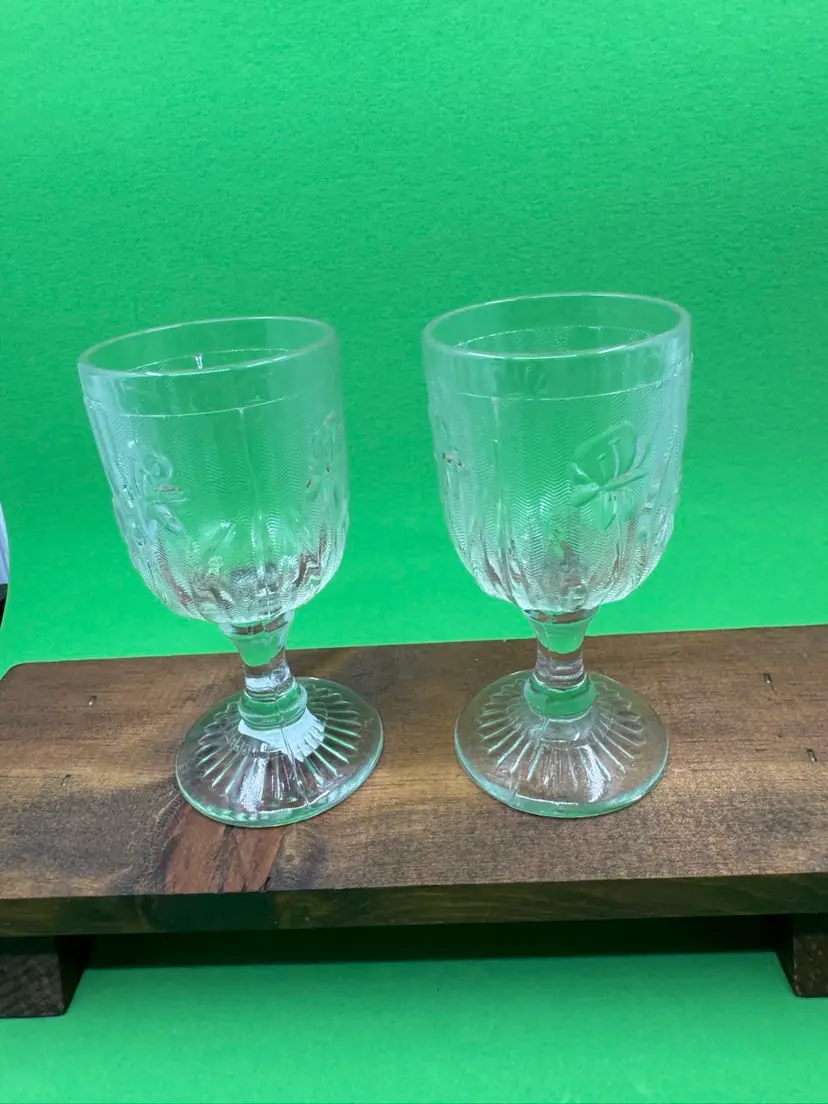 Two clear Jeannette Glass Iris & Herringbone cordial glasses, Circa 1920-30s