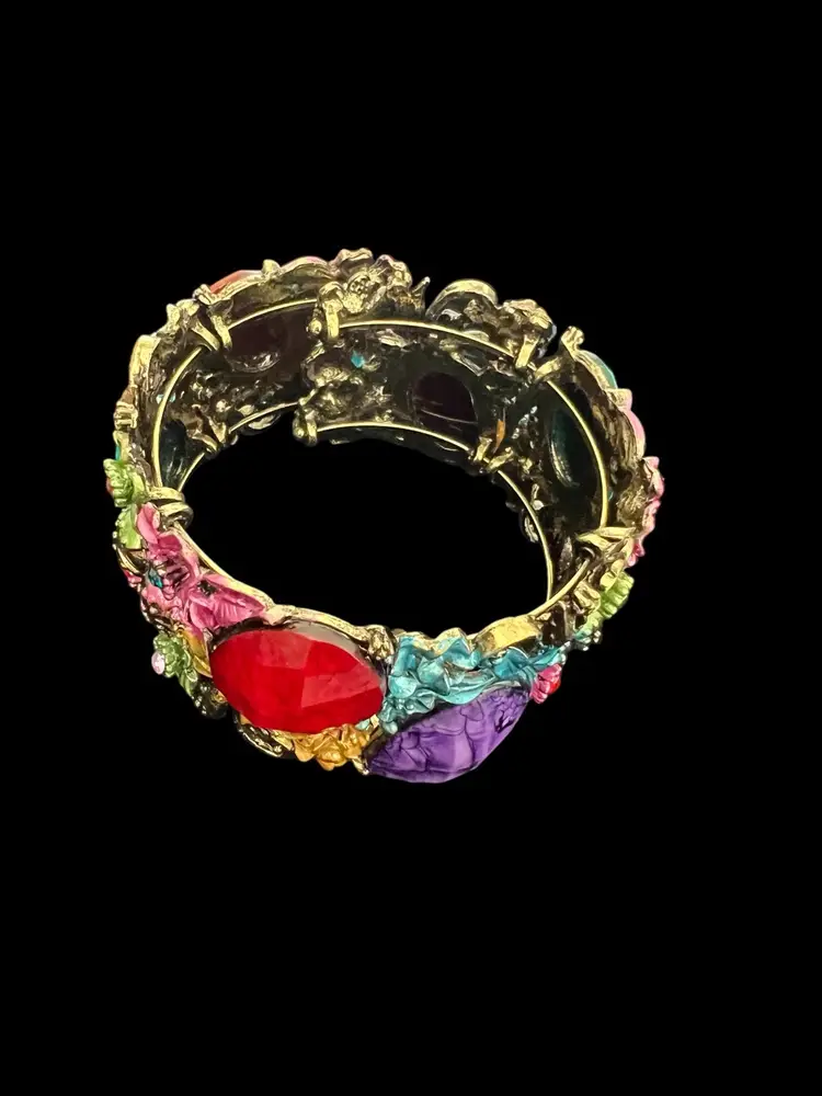Vintage Chunky Multi-Color Rhinestone Floral Antique Brass Cuff Bangle Bracelet #D6-1