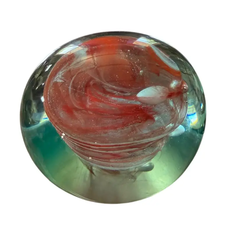 Large hand blown glass, paperweight, orange, and white swirl