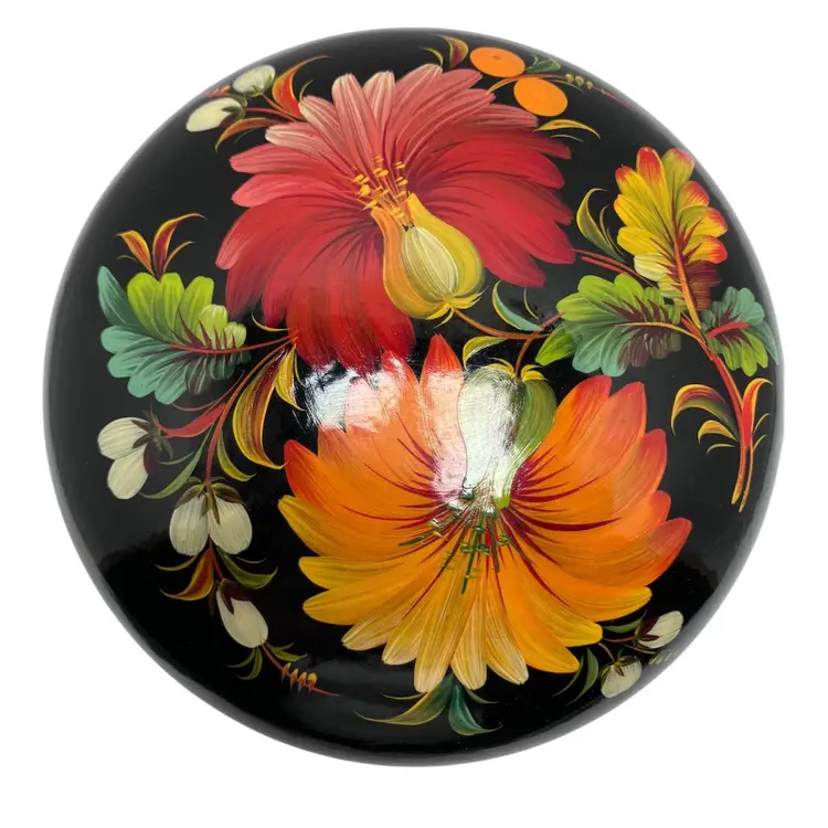 Black Lacquer Wooden Petrykivka Box Signed Hand Painted Bright Florals