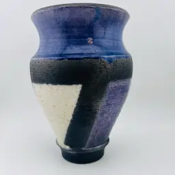 Gorgeous Signed Purple, Black And White Raku Pottery Vase 7”