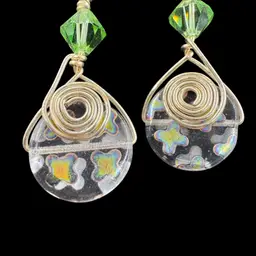 Artisan Dichroic Glass Drop Pierced Earring -  Green Cross Design