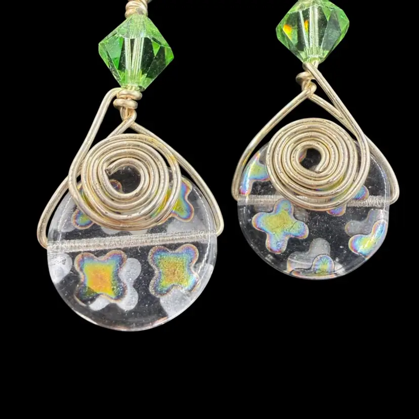 Artisan Dichroic Glass Drop Pierced Earring - Green Cross Design