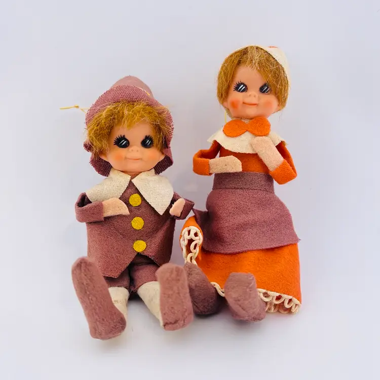 Vintage 1950's Lee Wards Made In Japan Thanksgiving Pilgrim Bendable Elves Boy & Girl Set 6”