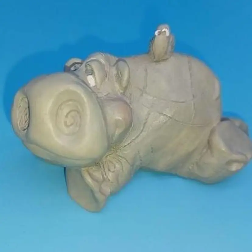 Vintage Russ Grey House Hippo with Bird Sitting on his back label Kathleen Kelly