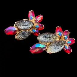 Vintage Rhinestone Carved Molded Glass Fruit Salad Earrings Red Aurora Borealis