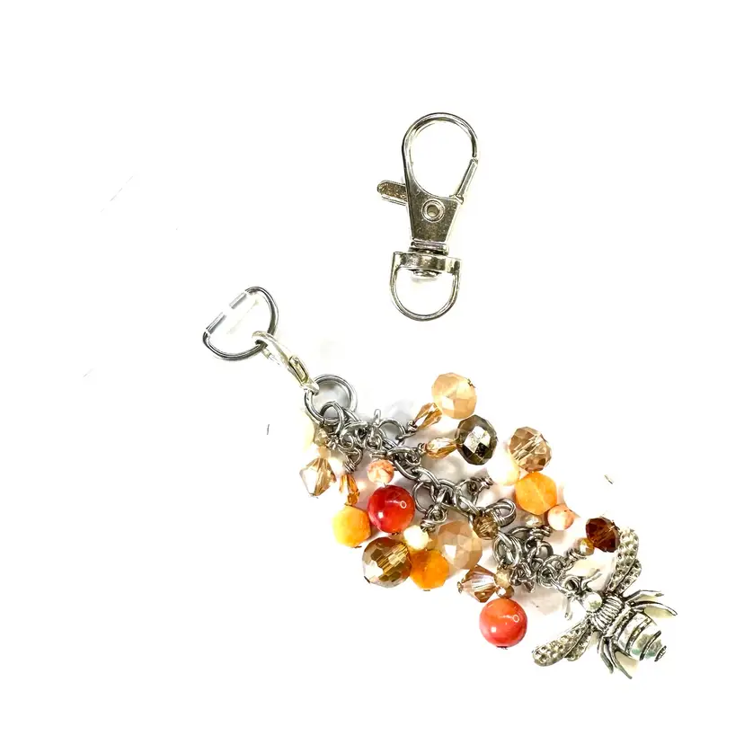 Honey Bee Charm Brown Orange Beaded Phone Or Purse Charm Repurposed Jewelry Made By Me 3”
