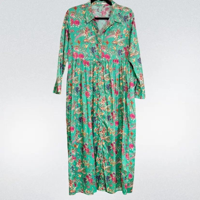 Green All-Over Botanical Print 100% Cotton Maxi Collared Dress Sz S