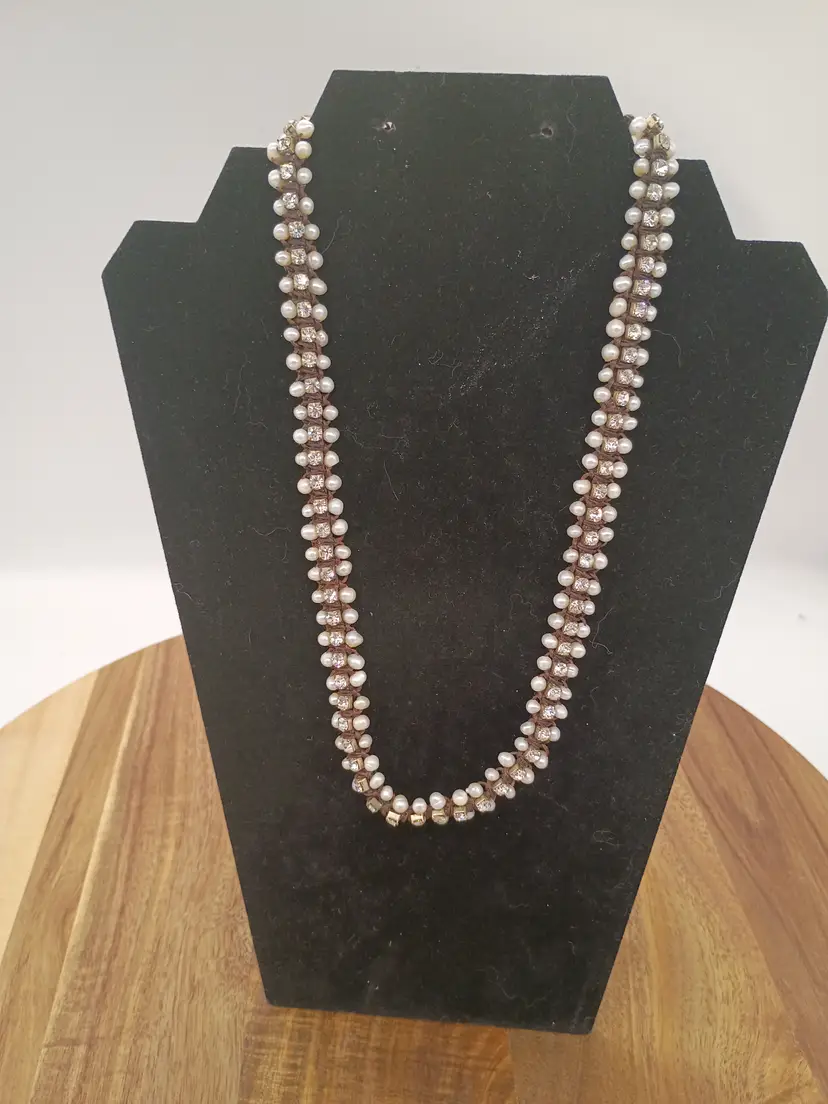 Nakamol Brown Braided Cord Necklace Freshwater Pearls/Rhinestones 18-22" Adjustable