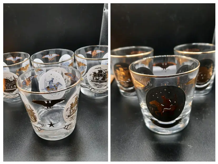 Vintage Set of 7 Libbey Americana Rocks Glasses Paul Revere Old Ironsides Monticello 4 White and 3 Black.