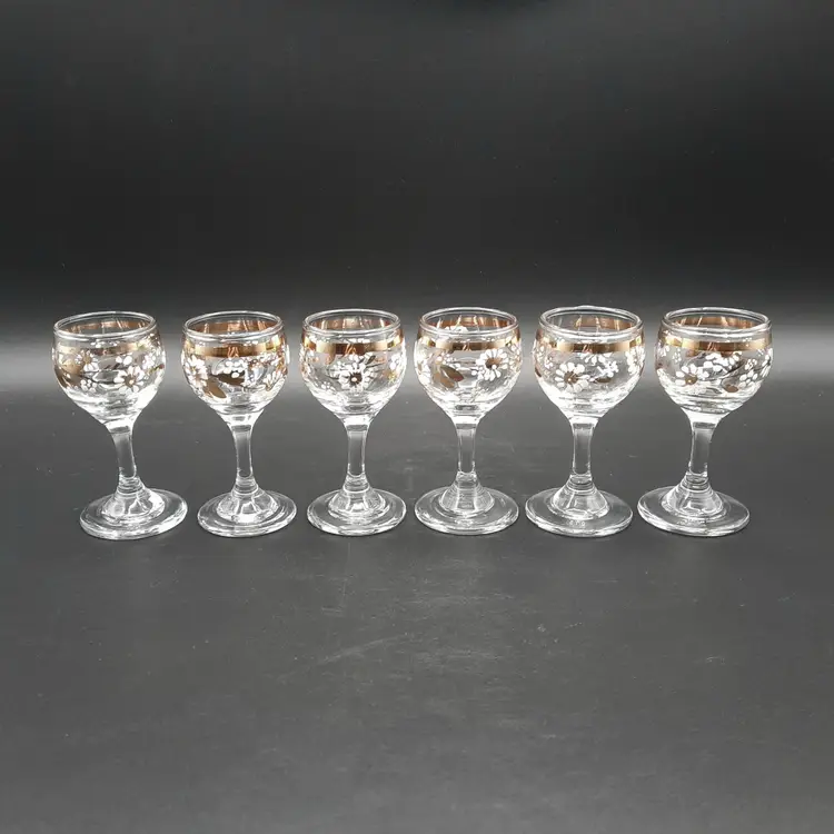 Vintage Handpainted White Gold Floral Cordial Liqueur Glasses Set of 6