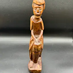 Vintage Folk Art Carved Wood Man with Drum Figurine
