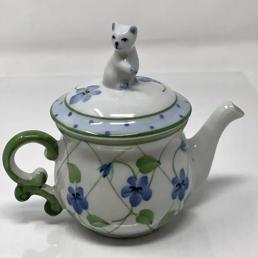 Sadek Imports Mini Teapot with Kitty Cat Topper Green and Violet Ceramic