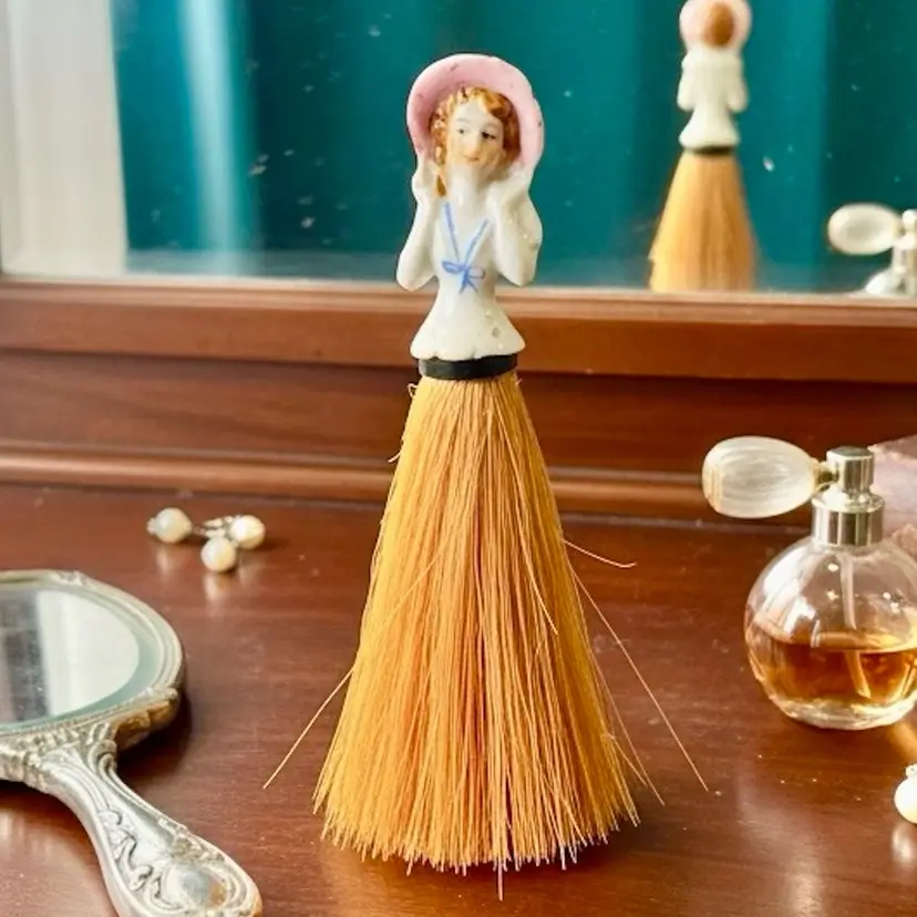 Porcelain 5” Broom doll 1920's flapper half-doll. Japan