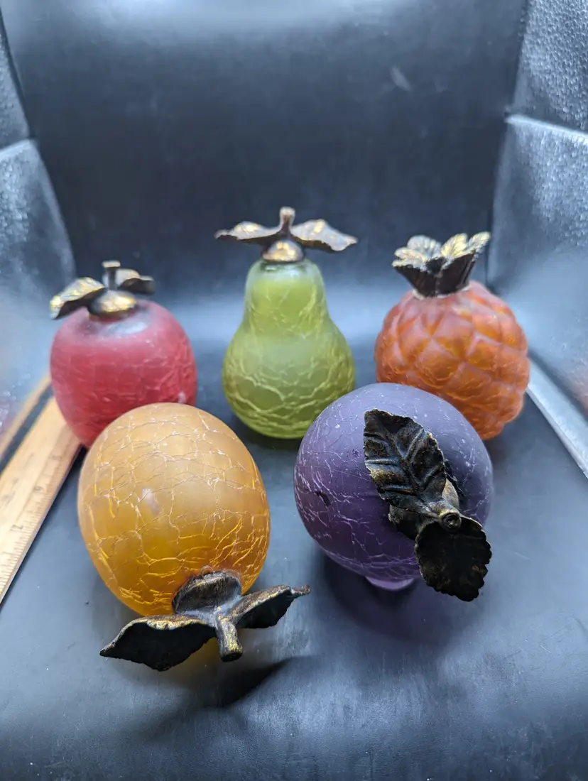 Lot of 5 Vintage Crackle Glass Fruit Pineapple Plum Apple Orange and Pear Metal Leaves