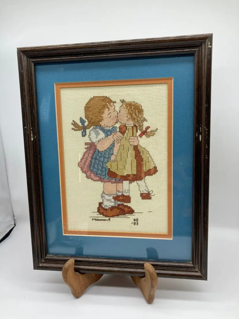 Cross Stitched Finished Framed Hummel Girl Kissing Her Doll