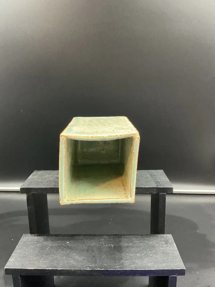 Handmade square shaped vase, rustic. Beautiful teal glaze.  5 inches tall.