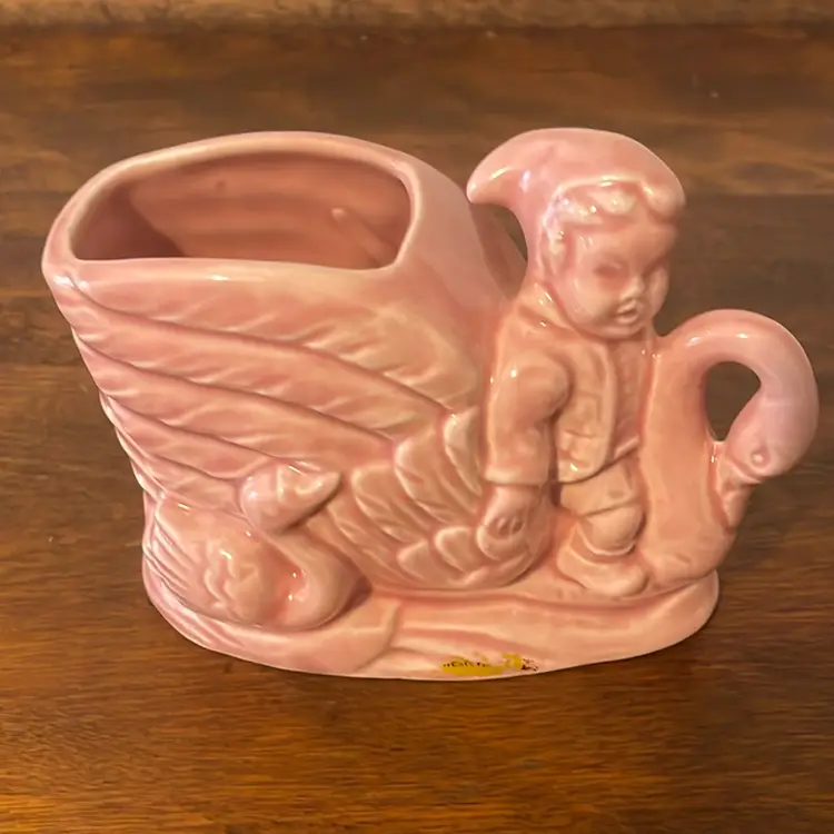 Pottery Planter Pixie Gnome Dutch Child Riding Pink Swan