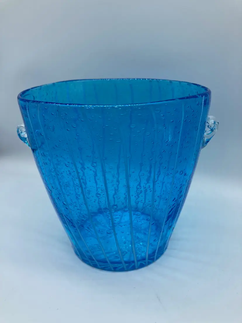 Vintage Venini for Disaronno Blue Glass w/White Stripes Ice Bucket Murano 5"