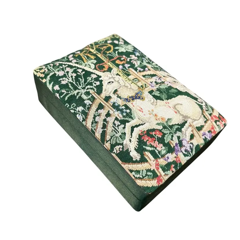 Embroidered Cloth The Last Unicorn Green Cloth Jewelry Box, Vintage Unicorn Jewelry Case, Trinket Box