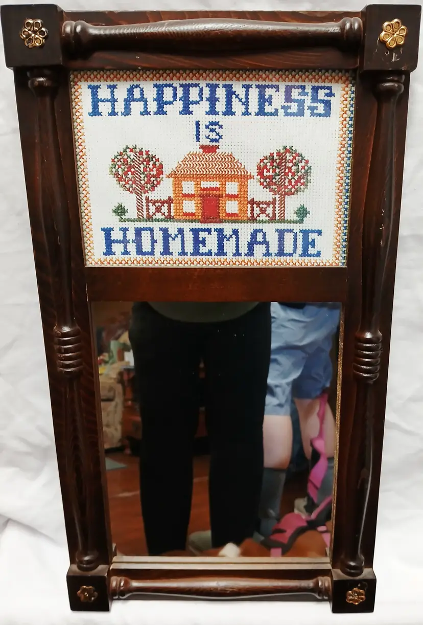 Vintage 'Happiness is Homemade' Needlepoint Print  Mirror Frame