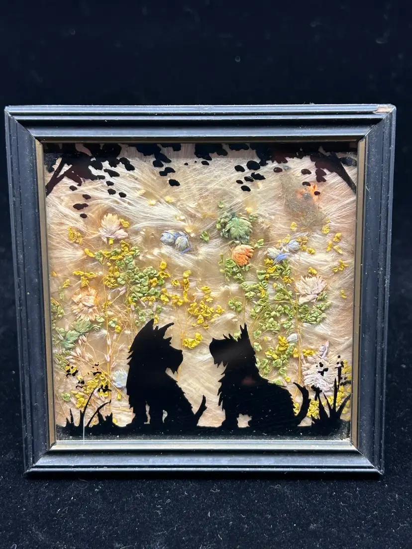 Vintage Small Framed Reverse Handpainted  Silhouette Scottish Terriers On Background Of Milkweed Fluff & Dried Flowers