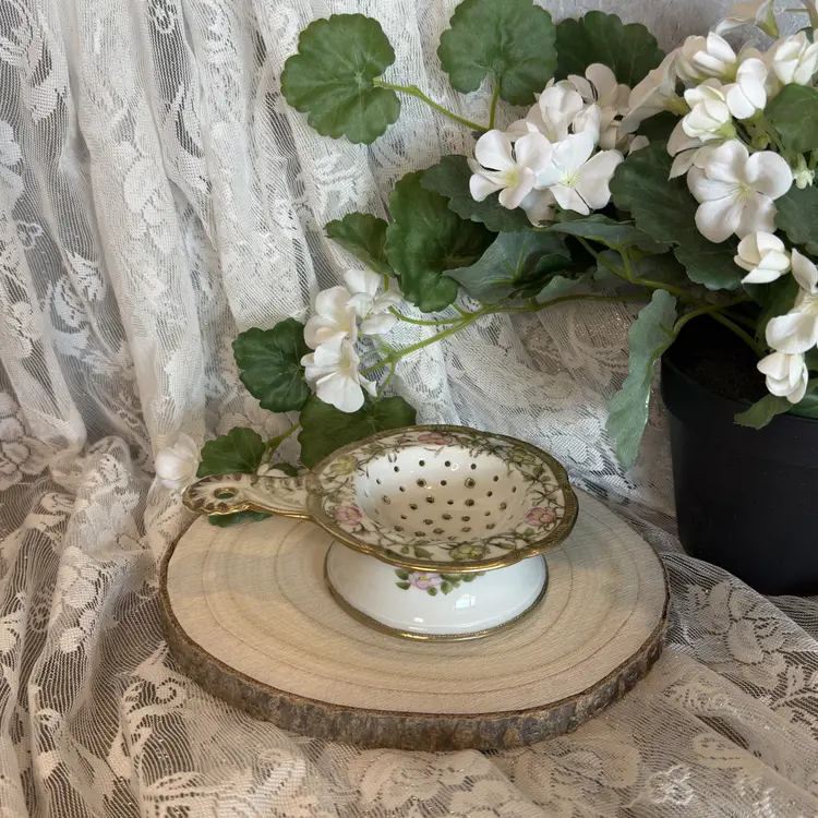 Antique Nippon Tea Strainer with Base, Hand Painted Porcelain with Floral Gold Trim, Morimura Mark, Victorian Tea Time Decor (0059-25)