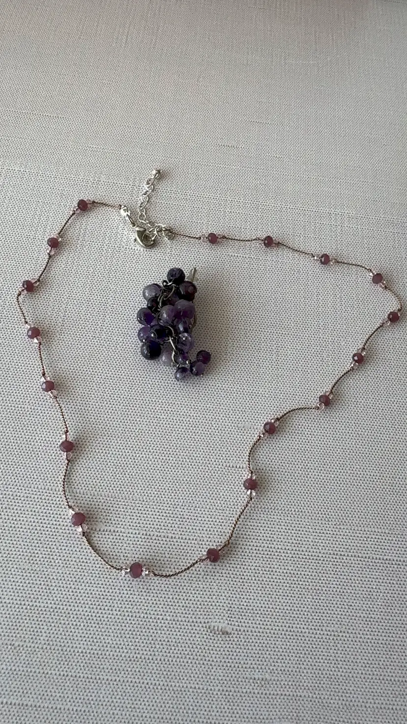 Wine Color Bead And Silver Silk Thread Knotted Necklace 17” 2” Extender #67