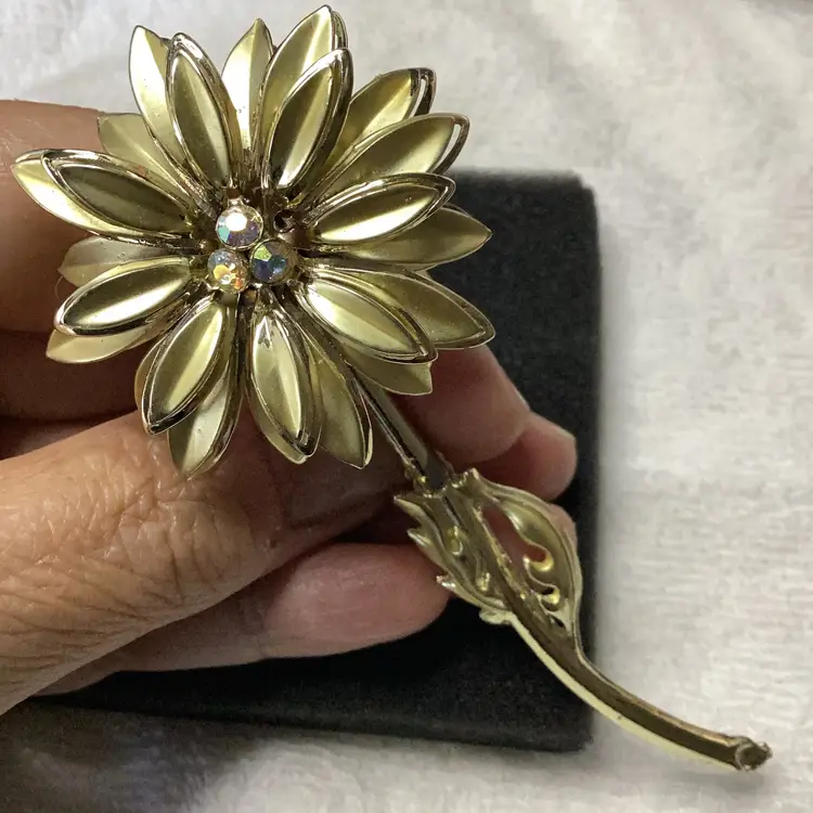 Gold Tone Flower Brooch With AB Rhinestones