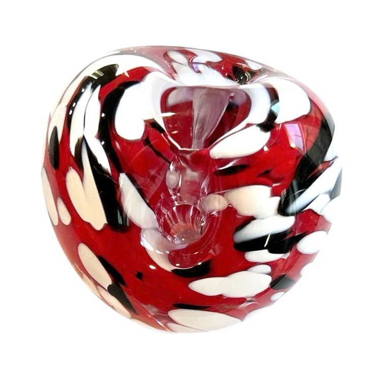 Signed Red Black And White Swirl Glass Art Paperweight Pen Holder