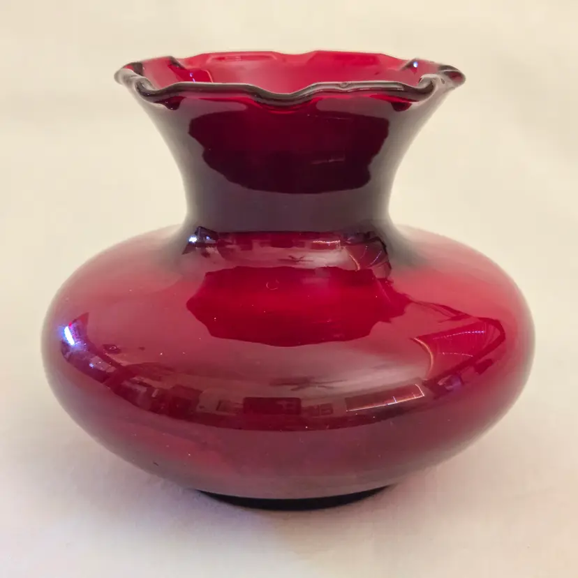Art Glass Vase Ruffled Top Anchor Hocking 3⅜" Tall Royal Ruby Red Vintage