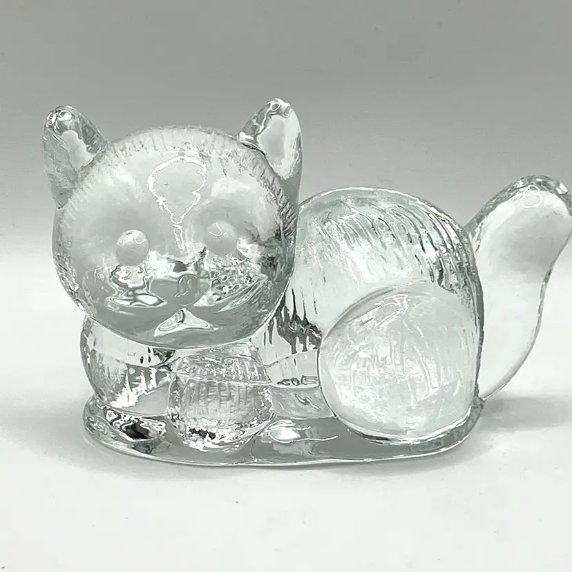 VTG Art Glass Small Textured Clear Glass Cat Kitten Paperweight Figurine 3.5x2.5