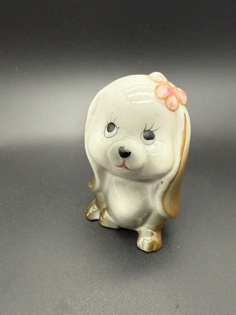 Long-Eared Ceramic Dog with Pink Bow and Cute Eyes