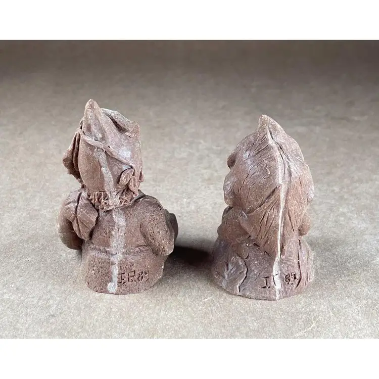 1989 Handcrafted Signed JP Miniature Brown Fairy-like Garden Gnome Figurines Trinket Shelf Miniature Decor