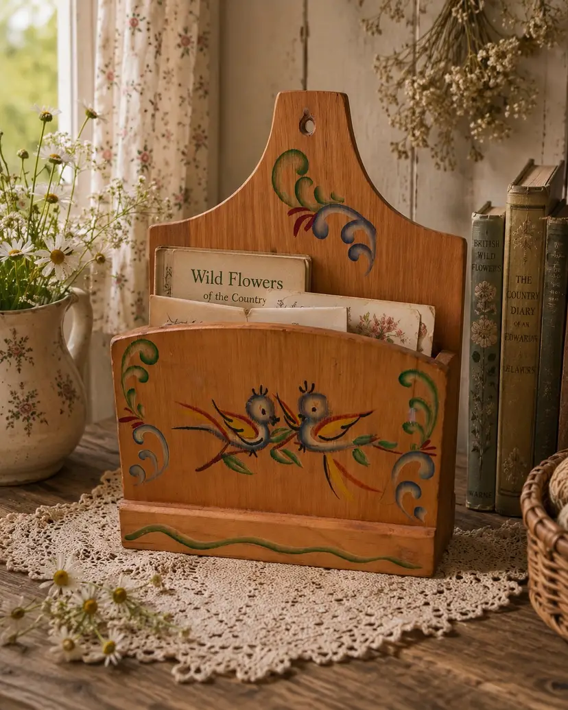 Vintage “Woodcroftery”Hand-Painted Wooden Wall Mail Holder USA Made 1940-1960