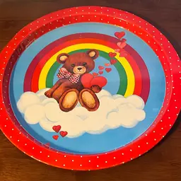 #01 vintage tin serving tray with a teddy bear and rainbow design. 1980-1990-13 Inches
