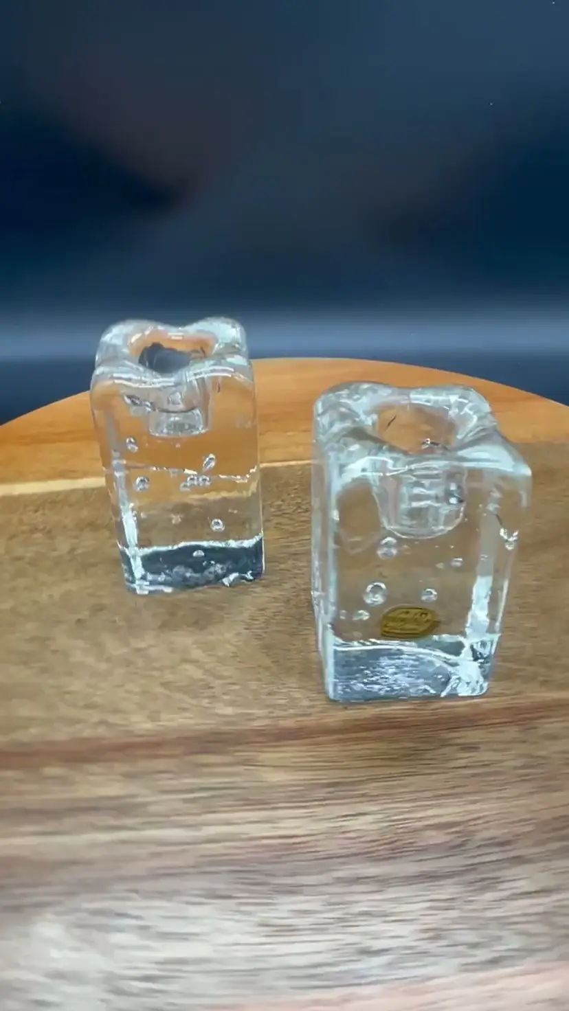 Bohemian Czech Art Glass Candle Holders with Bubbles and Etched Design (Pair)
