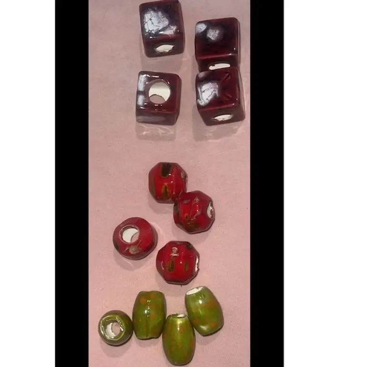 LOT 12 Vintage Macrame Beads Large Green Red Orange Square Round Oval