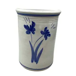 Pottery Utensil Crock Floral Blue White CottageCore Modern Garden 7” Thomas Jones 1987