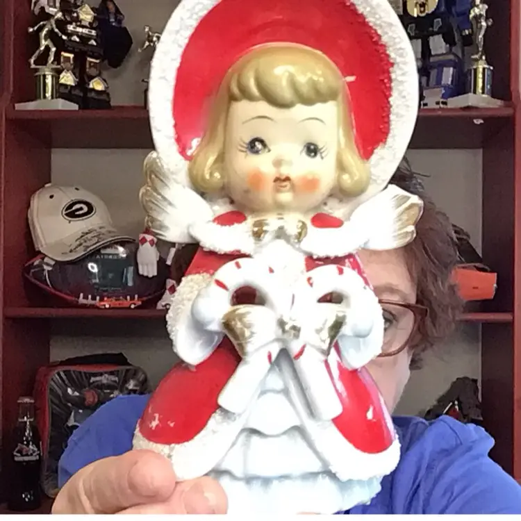 Vintage Christmas Girl With Candy Canes.Thames Japan Shopping Girl. 7 Inches Tall