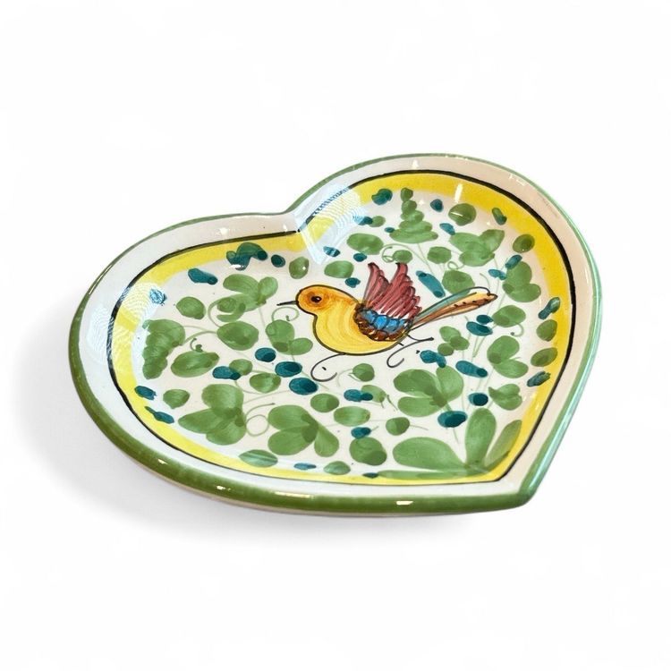 Hand Painted Ceramiche Sambuco Mario Deruta Italy Green Heart Shape Bird Dish