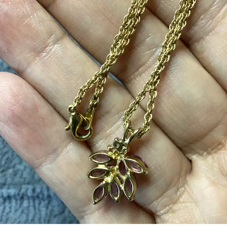 Gold Tone Necklace Amethyst Navettes And CZ 18”