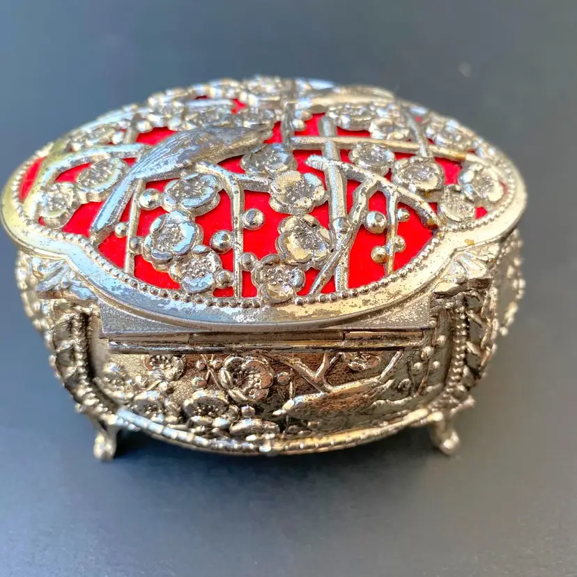 VTG Japanese Silver Plated Bird Pattern Jewelry/Trinket Box JAPAN