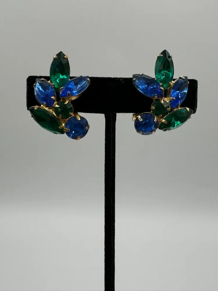 Blue And Green Rhinestones Prong Set On Gold Tone Clip On Earrings Vintage