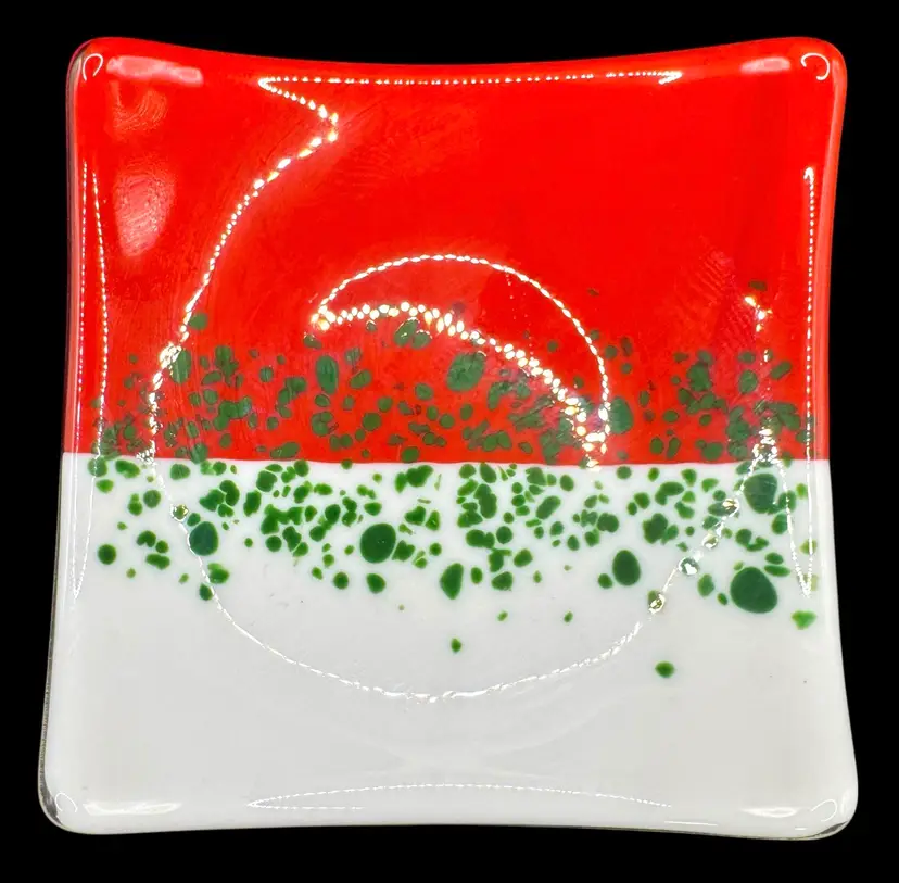 Fused Studio Art Glass Plate Dish Square Red White Green Made in Alaska 6.5”