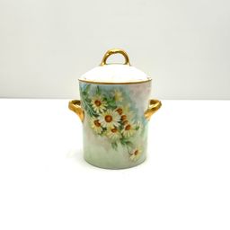 Hand Painted Porcelain Lidded Tall Daisies and Gold Trim Jar